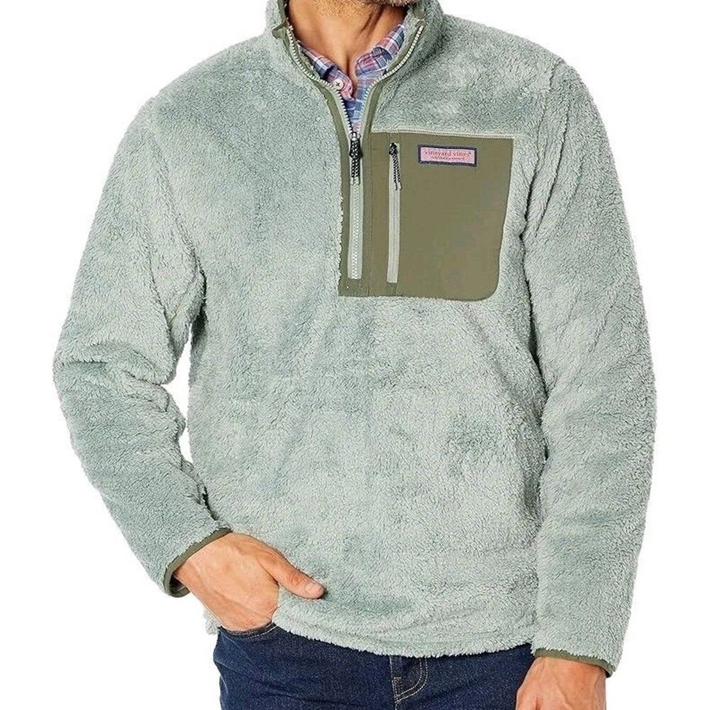 Vineyard Vines Mens XXL Stillwater High-Pile Sherpa 1/4-Zip Jacket Sage Olive